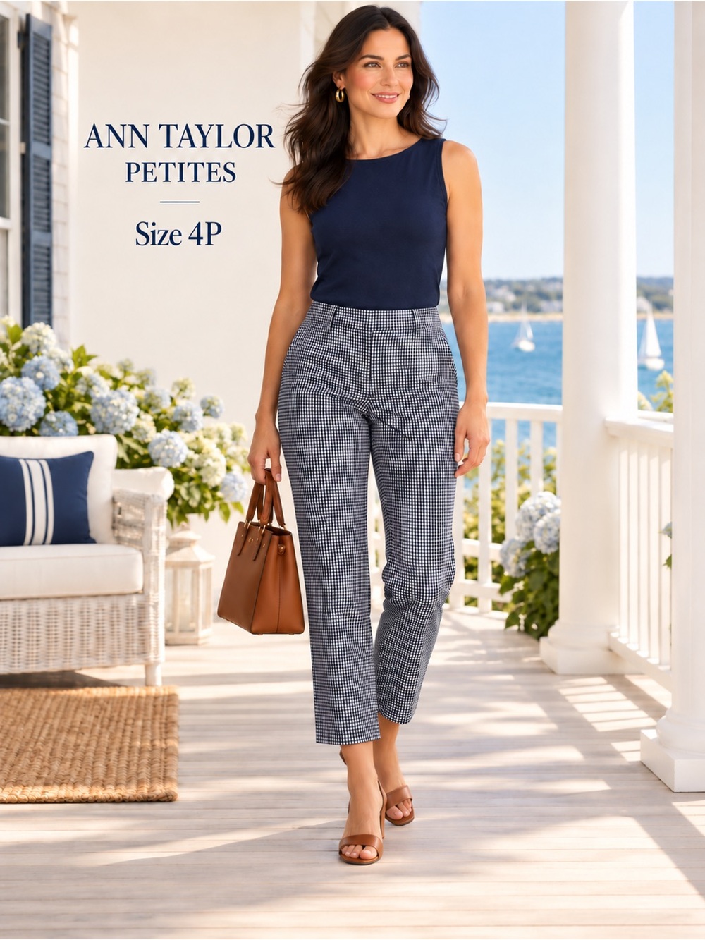 Ann Taylor Petites Navy Gingham Seersucker Cropped Pants 4P